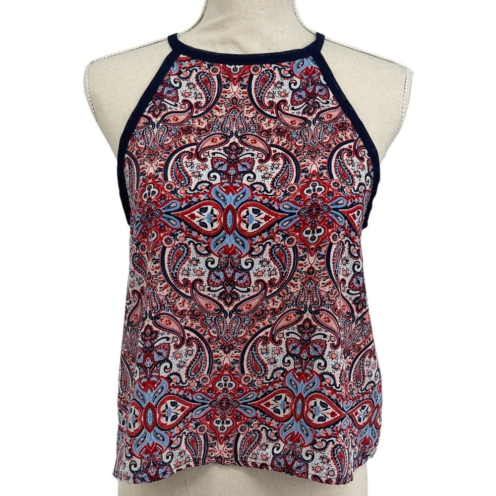 Toi Moi Red Blue Paisley Sleeveless Tie Back High Neck Cropped Top Juniors S M